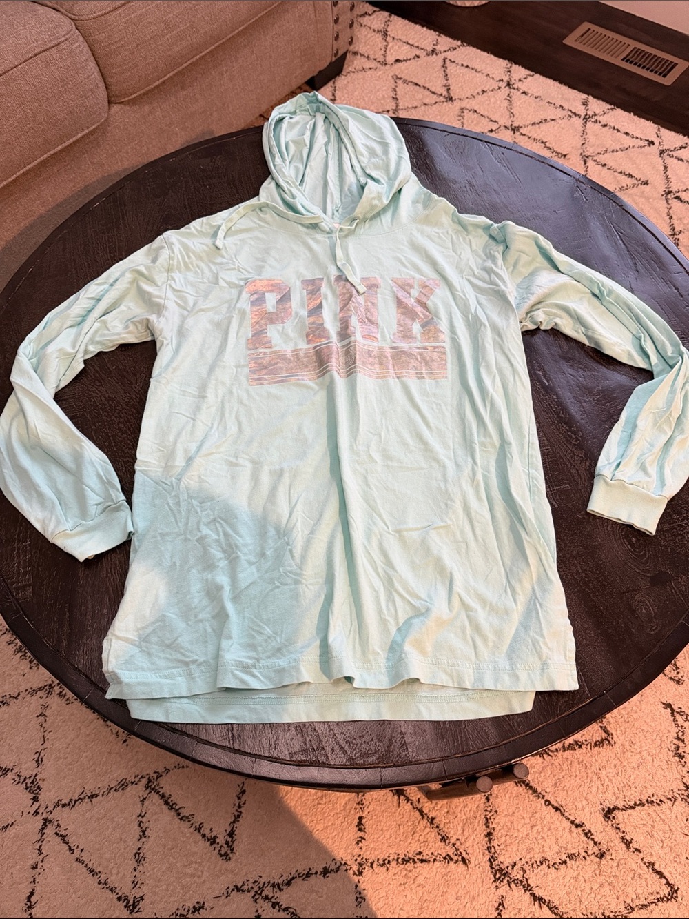 PINK Victoria's Secret Light Aqua Hooded Long Sleeve Tee